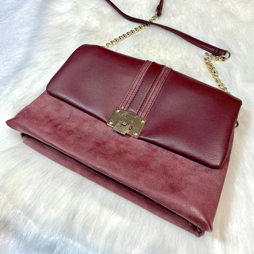 Guess dark pink/maroon, PU leather, cross-body bag with chain and PU strap